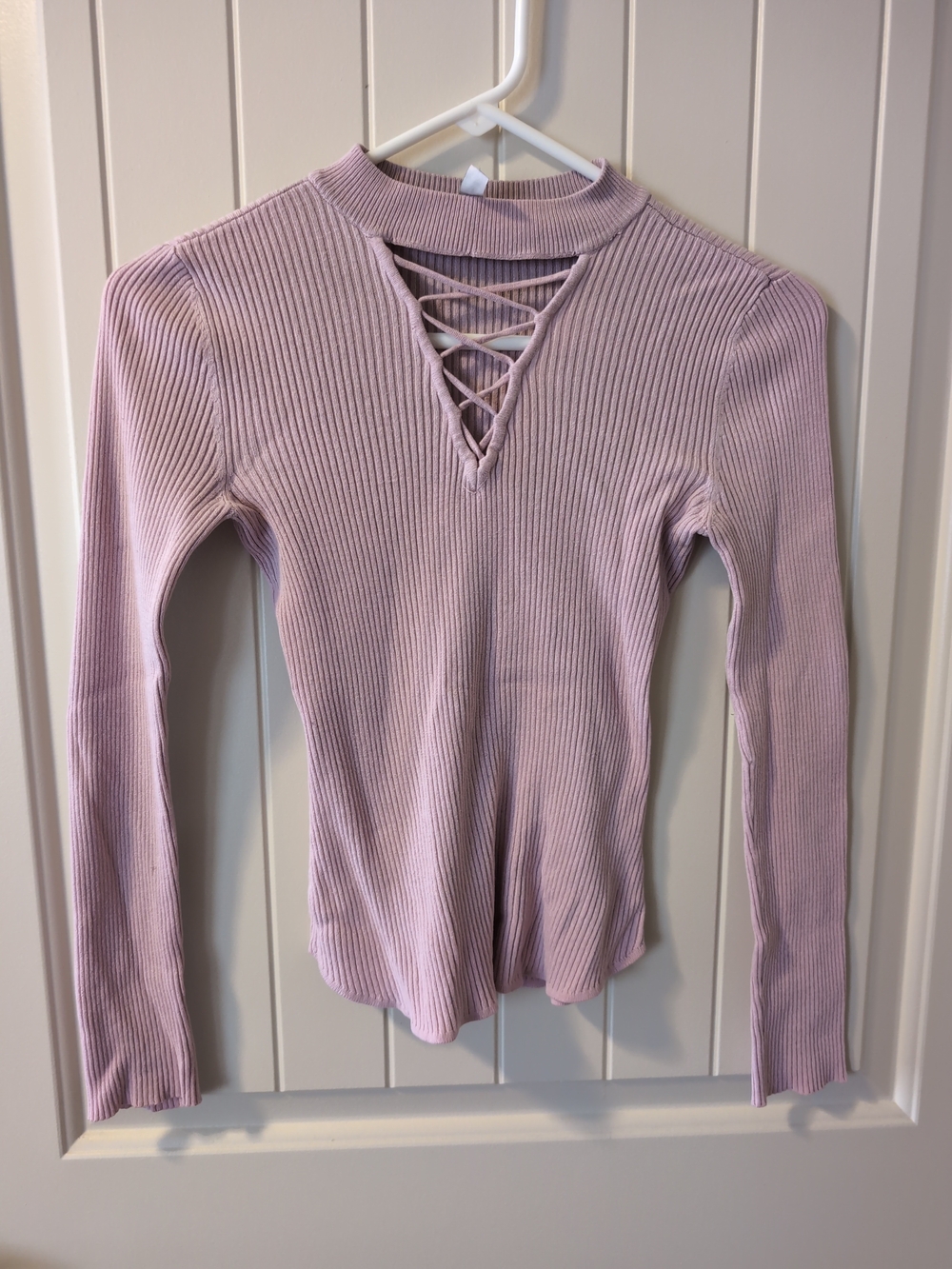 Ribbed Lace-Up Long-Sleeve Top - Light Mauve